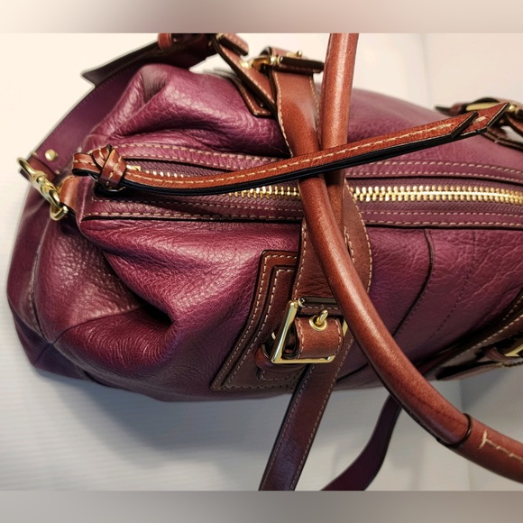 Coach Genuine Pebbled Leather Berry w/Camel Accents Hampton Satchel Bag - Picture 8 of 16